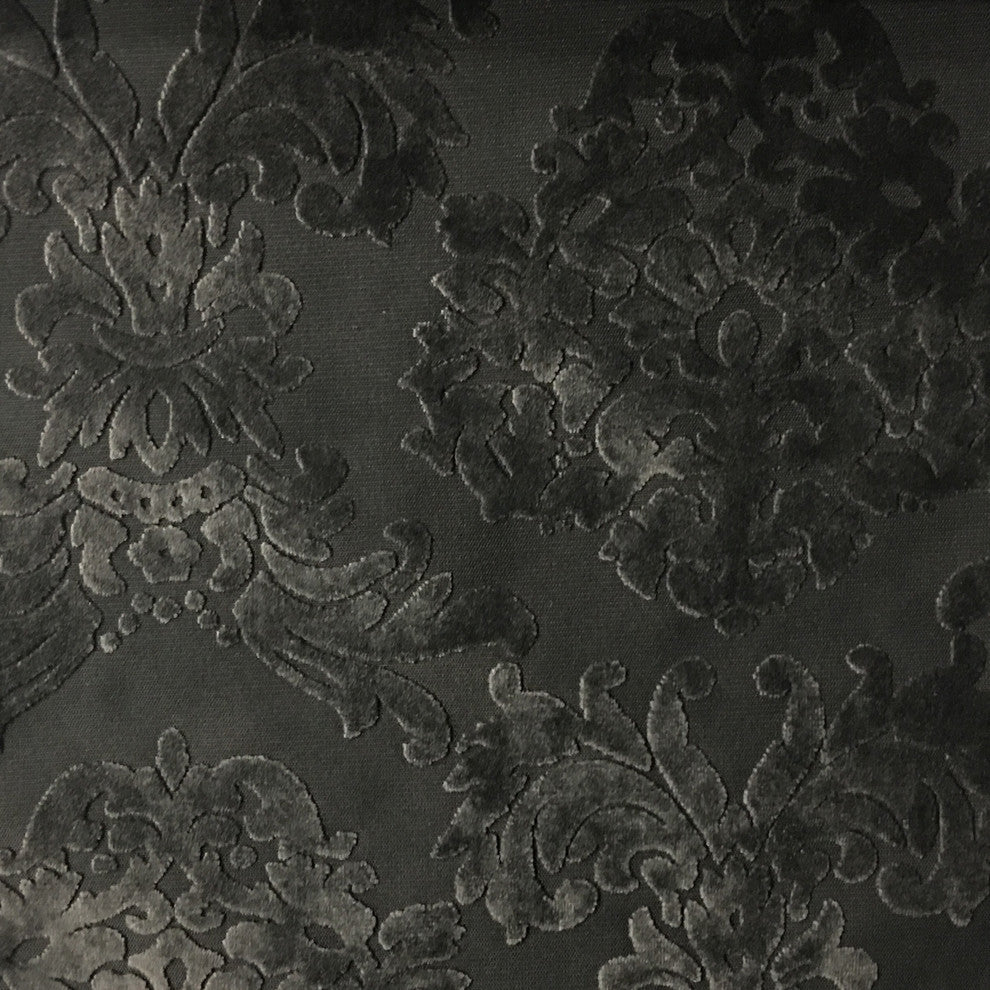 Florence Palace Damask Velvet Upholstery Fabric, Caviar