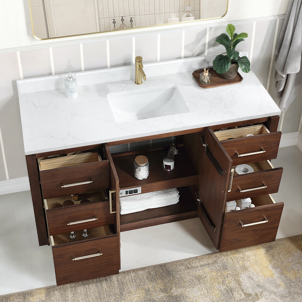 San Bath Vanity with Stone Top, Natural Walnut, 60" Single Sink, Single Vanity, No Mirror