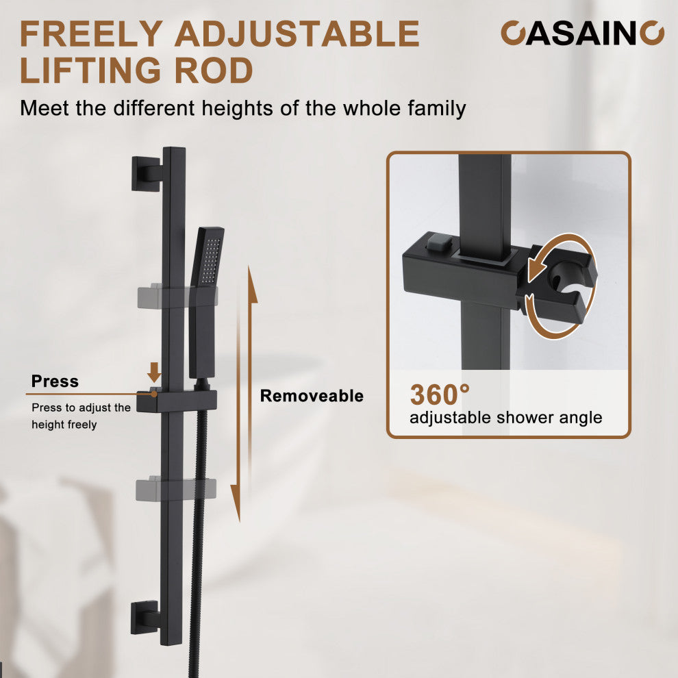 10inch Dual Function Rain Shower System With Slide Bar and Handheld Shower, Matte Black