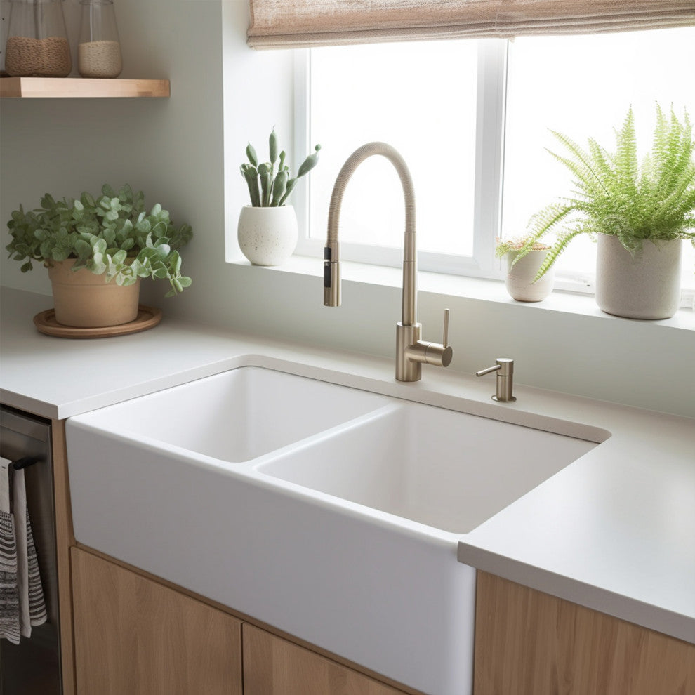 Turner White Fireclay 33" Double Bowl Farmhouse Undermount Kitchen Sink