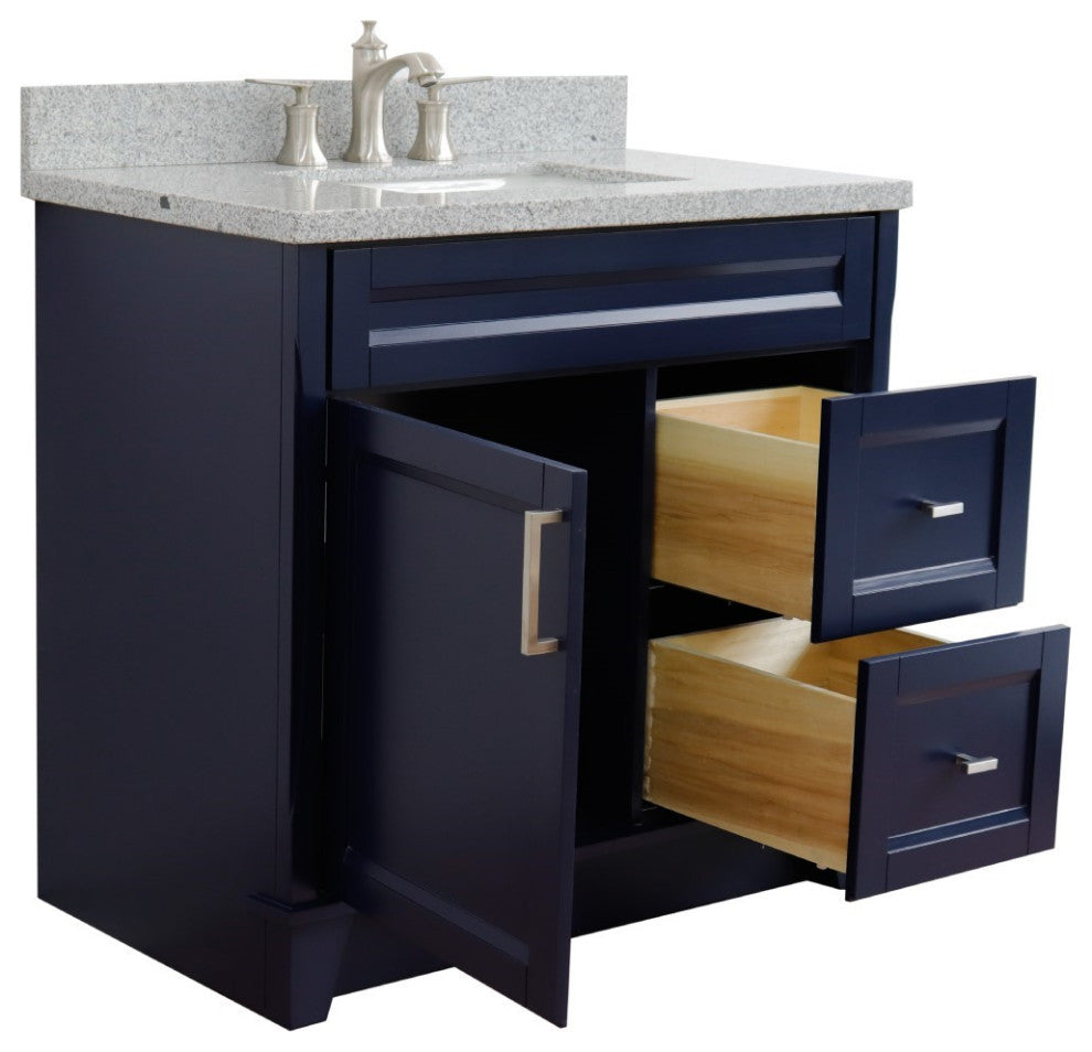 37" Single Sink Vanity, Blue Finish With Gray Granite