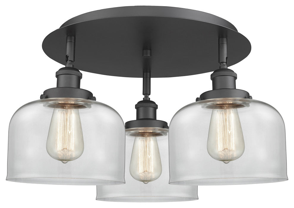 Bell-3 Light 20" Flush Mount-Matte Black, Clear Glass Shade