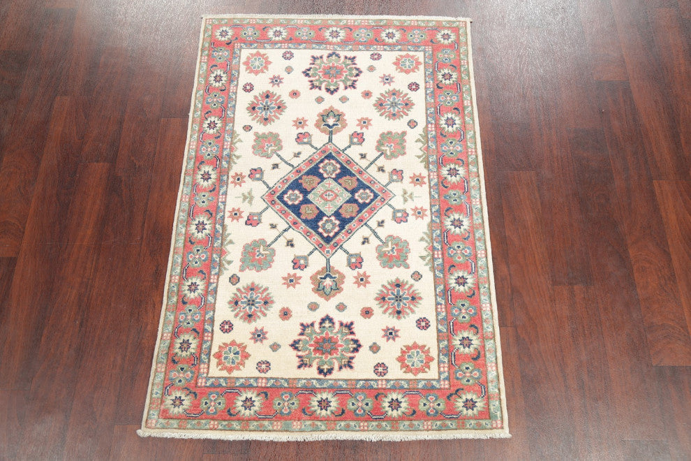 Kazak Oriental Traditional Hand Made Pakistani Area Rug, Beige, 4'10"x3'3