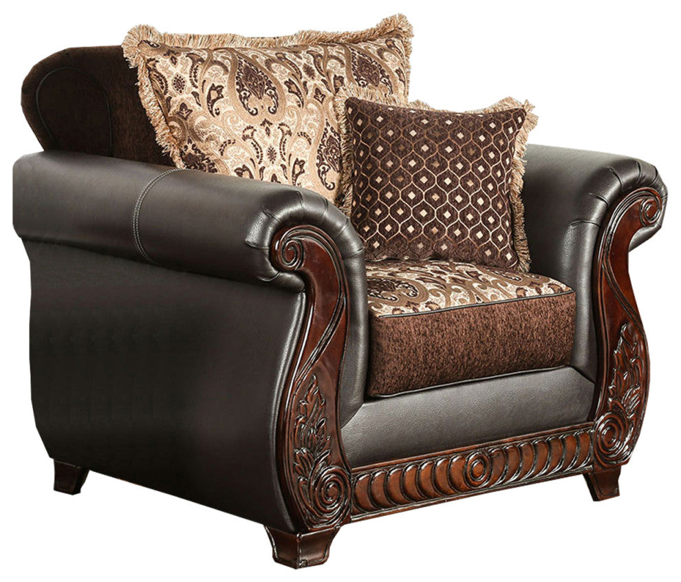 Fabric and Leatherette Chair with Rolled Arms Design, Dark Brown