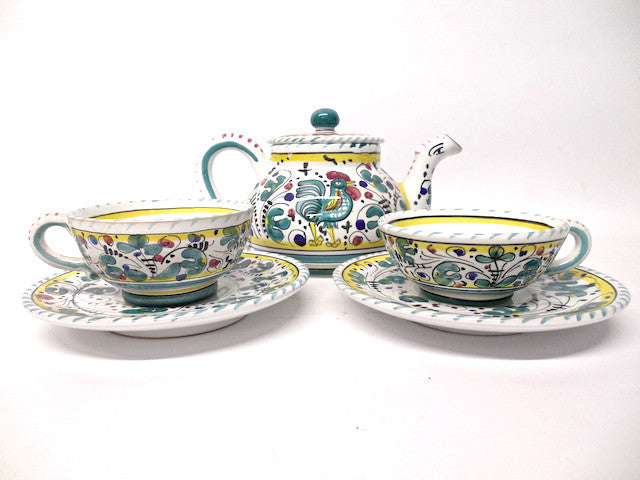 Deruta Labor Ceramiche Galletto Green Teapot and 2 Tea Cups with Saucers