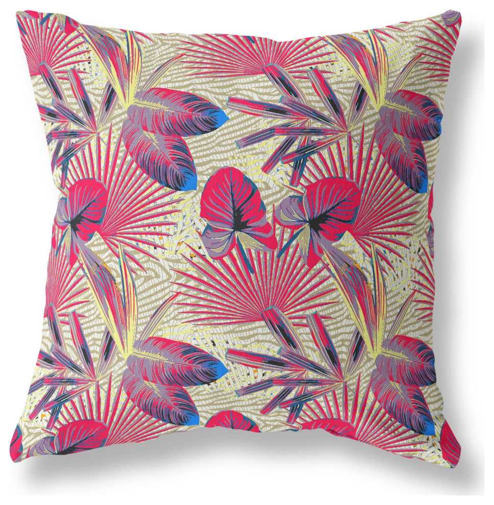 16" Pink Yellow Tropical Indoor Outdoor Throw Pillow