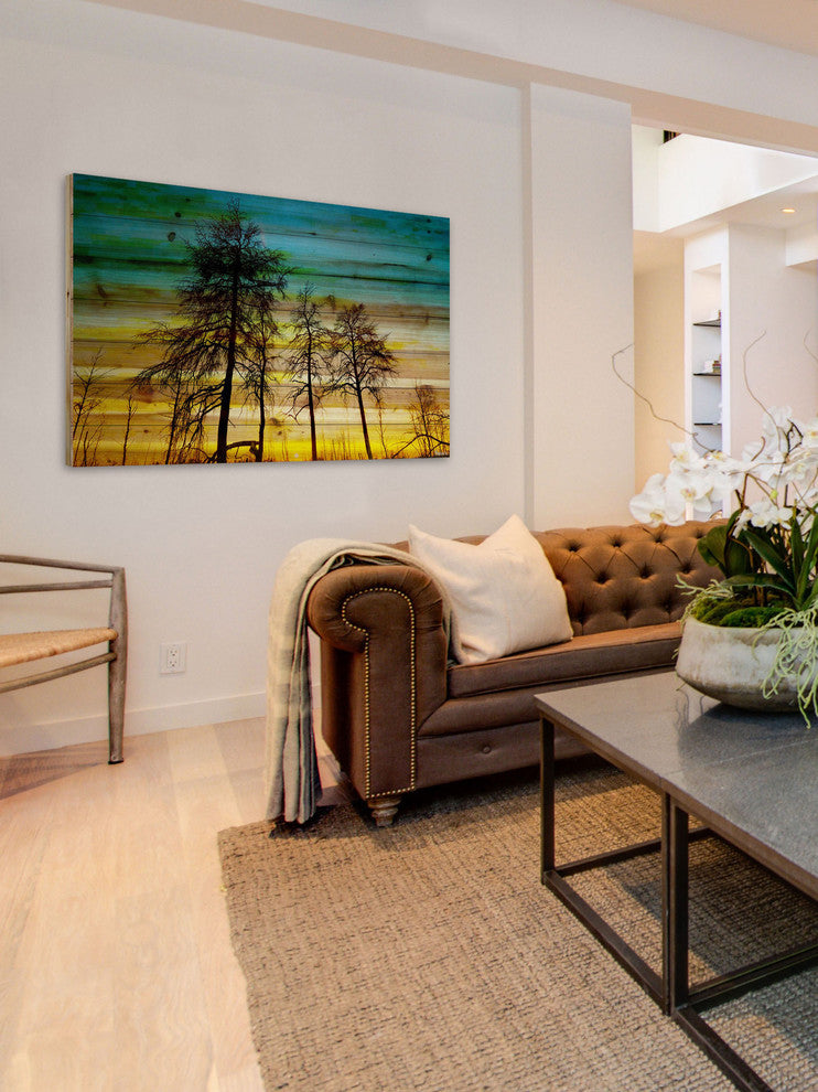 "Emerald Sky" Print on Natural Pine Wood, 45"x30"