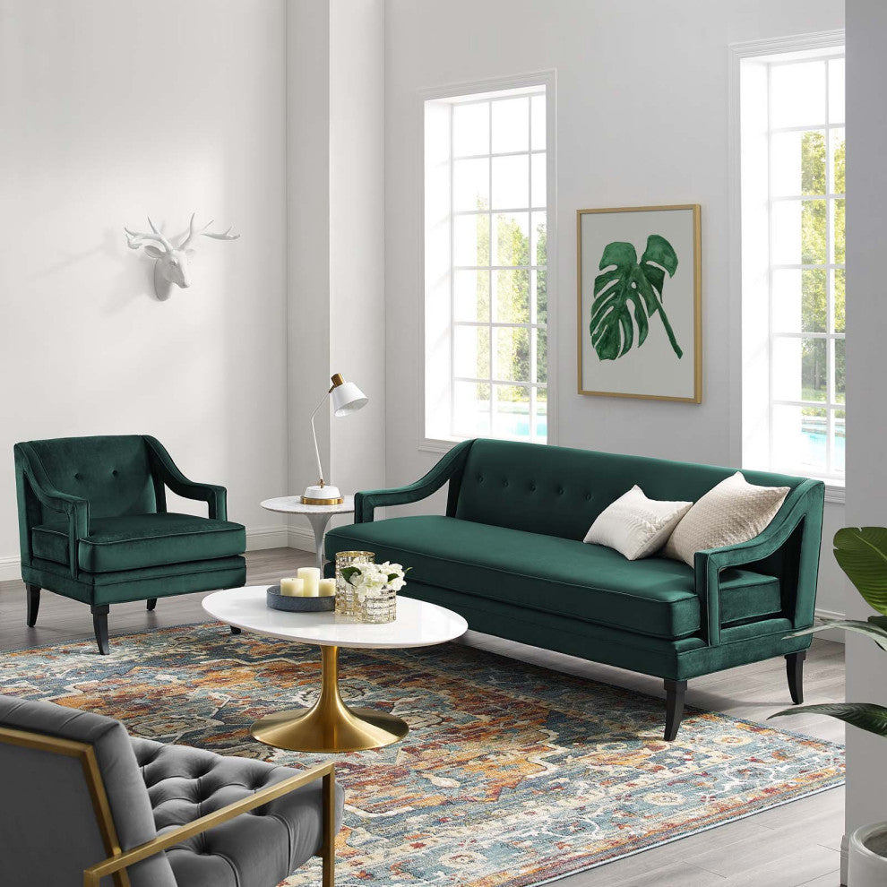 Sofa Armchair Set, Set of 2, Green, Velvet, Modern, Mid Century Hotel Lounge