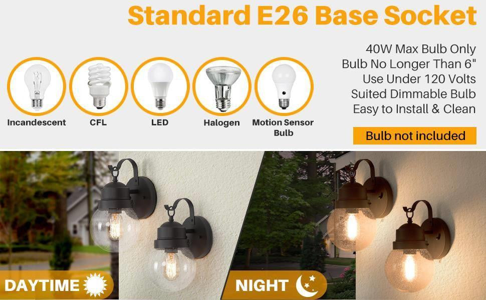 LNC 1-Light Seeded Glass Globe Outdoor Wall Lamp, 11", Black, 2-Pack