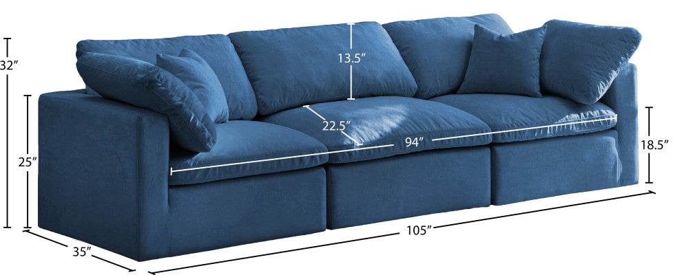 Plush Velvet / Down Standard Comfort Modular Sofa, Navy, 3-Piece: 1 Armless Chair, 2 Corner Chair