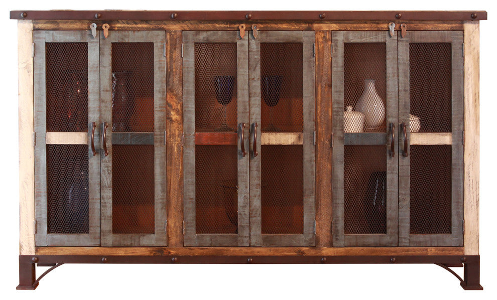 Bayshore Rustic Solid Pine Wood 6-Door Sideboard, Mesh Doors