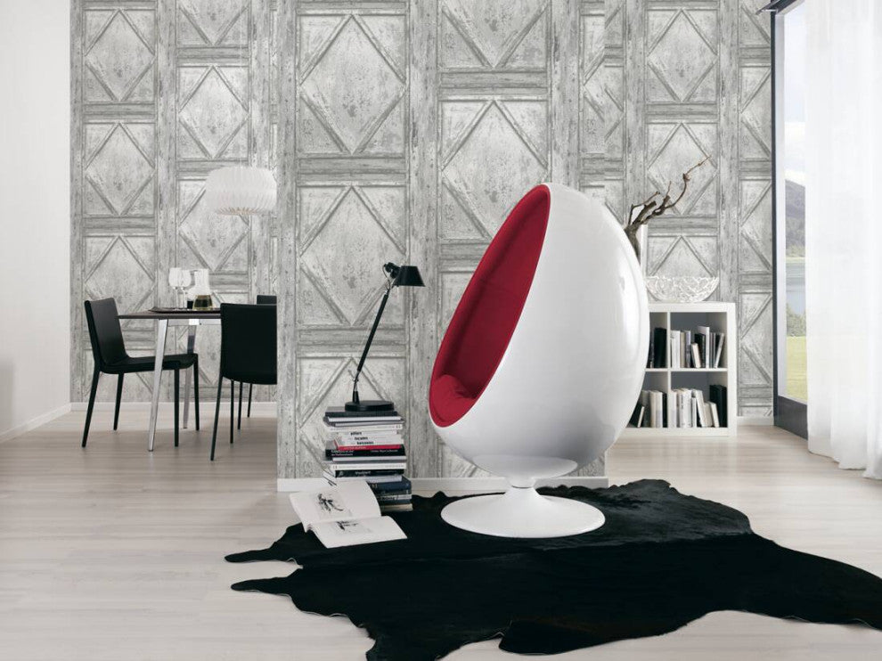Loft Vintage Textured Wallpaper Featuring Boxes Wood, Gray White, Sample