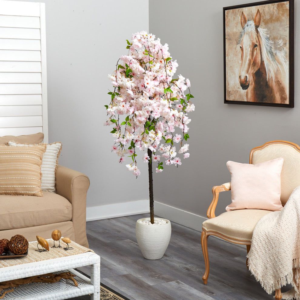 70" Cherry Blossom Artificial Tree, White Planter
