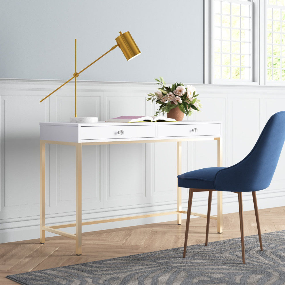 ACME Ottey Vanity Desk, White High Gloss and Gold Finish