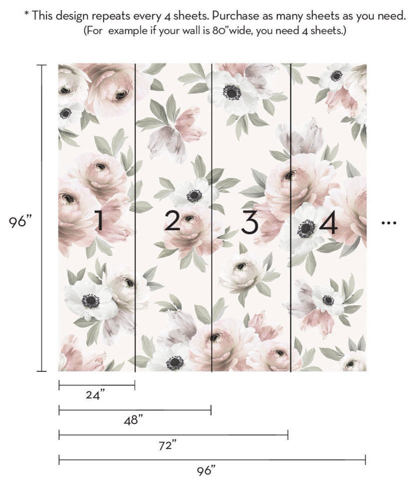 Floral Mural Wall Art Peel and Stick Vinyl Wallpaper, Spring Pink Green, 24"w X 96"h