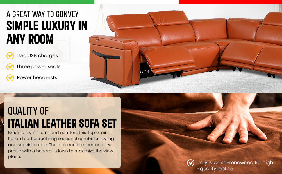 Giovanni 5-Piece 3-Power Reclining Italian Leather Sectional, Camel