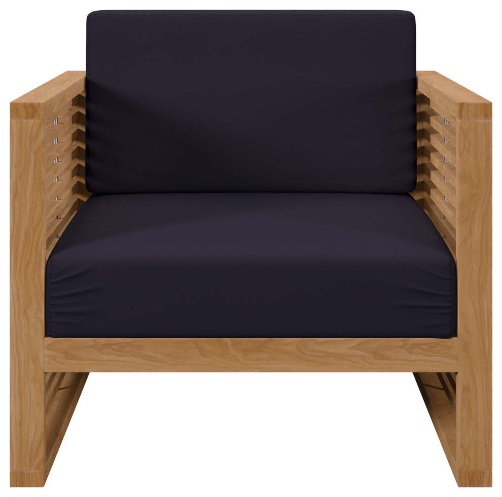 Lounge Chair Armchair, Blue Navy Natural, Teak Wood, Modern, Outdoor Patio