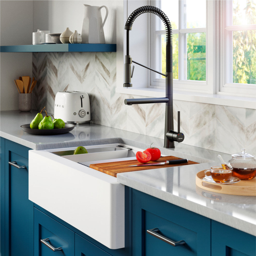 Karran 34" Quartz Farmhouse Single Bowl Workstation Kitchen Sink, White
