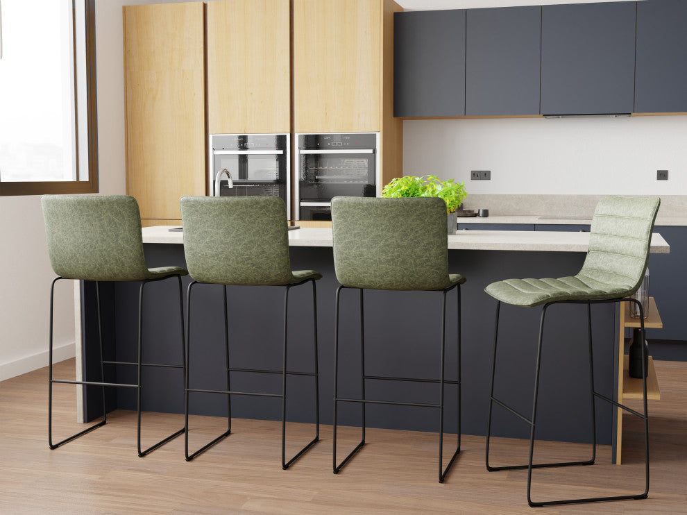 LeisureMod BS29G Brooklyn 29.9" Leather Bar Stool With Green Iron Base&Footrest