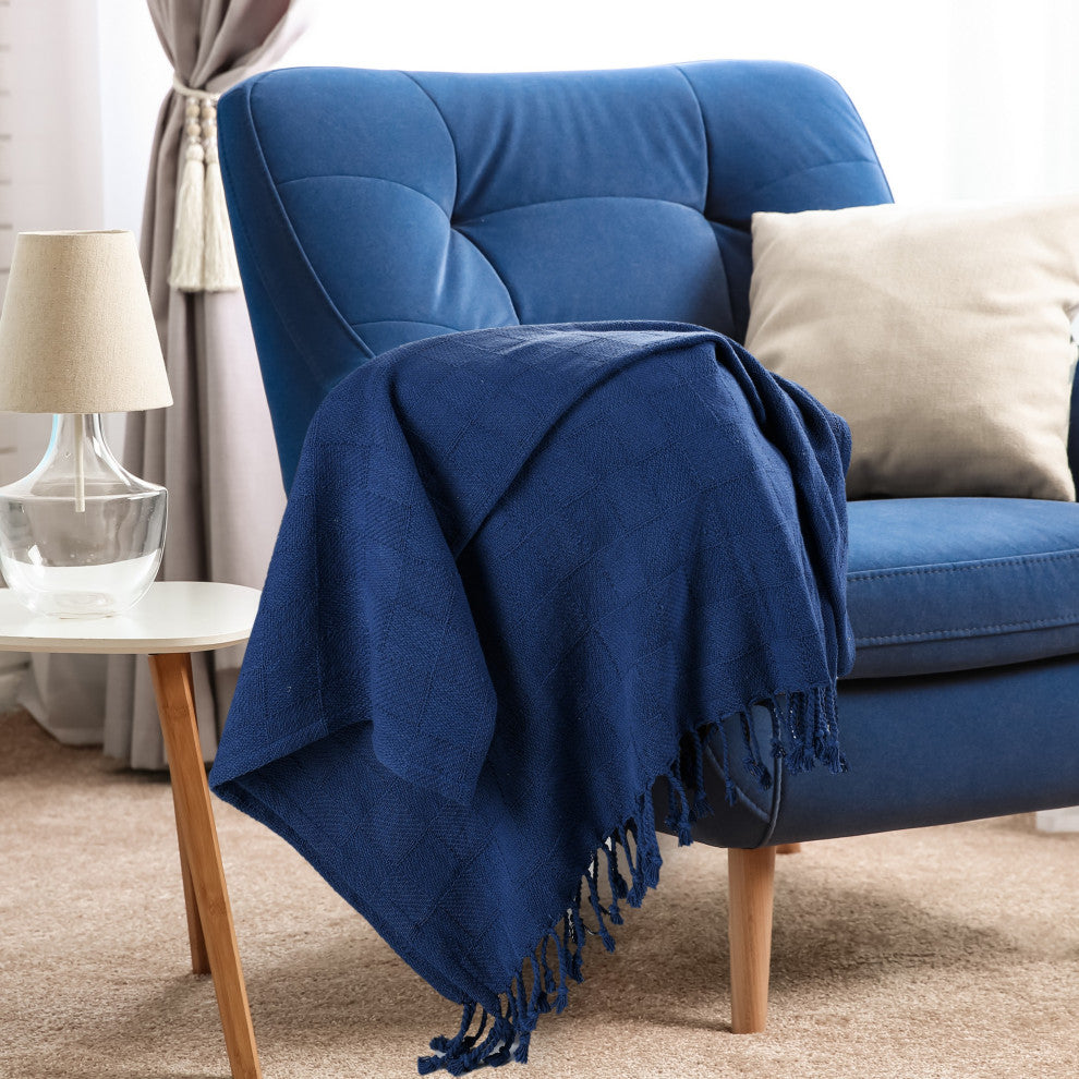 Checkered Weave Throw Blanket with Fringe, Navy Blue