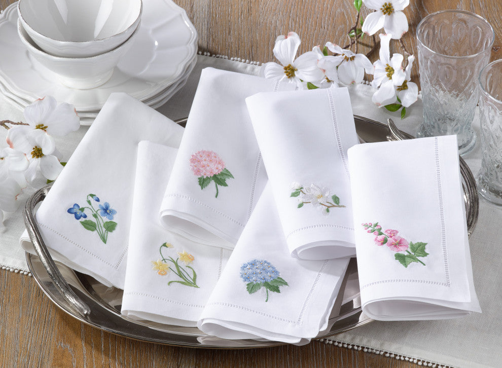 Hemstitch Napkins With Embroidered Blue Hydrangea Design, Set of 6, 20" x 20"