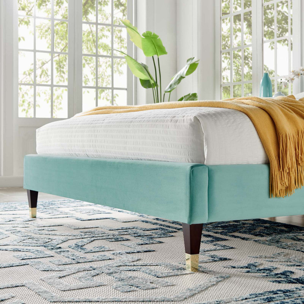 Platform Bed Frame, Queen Size, Blue, Velvet, Modern, Bedroom Guest Suite