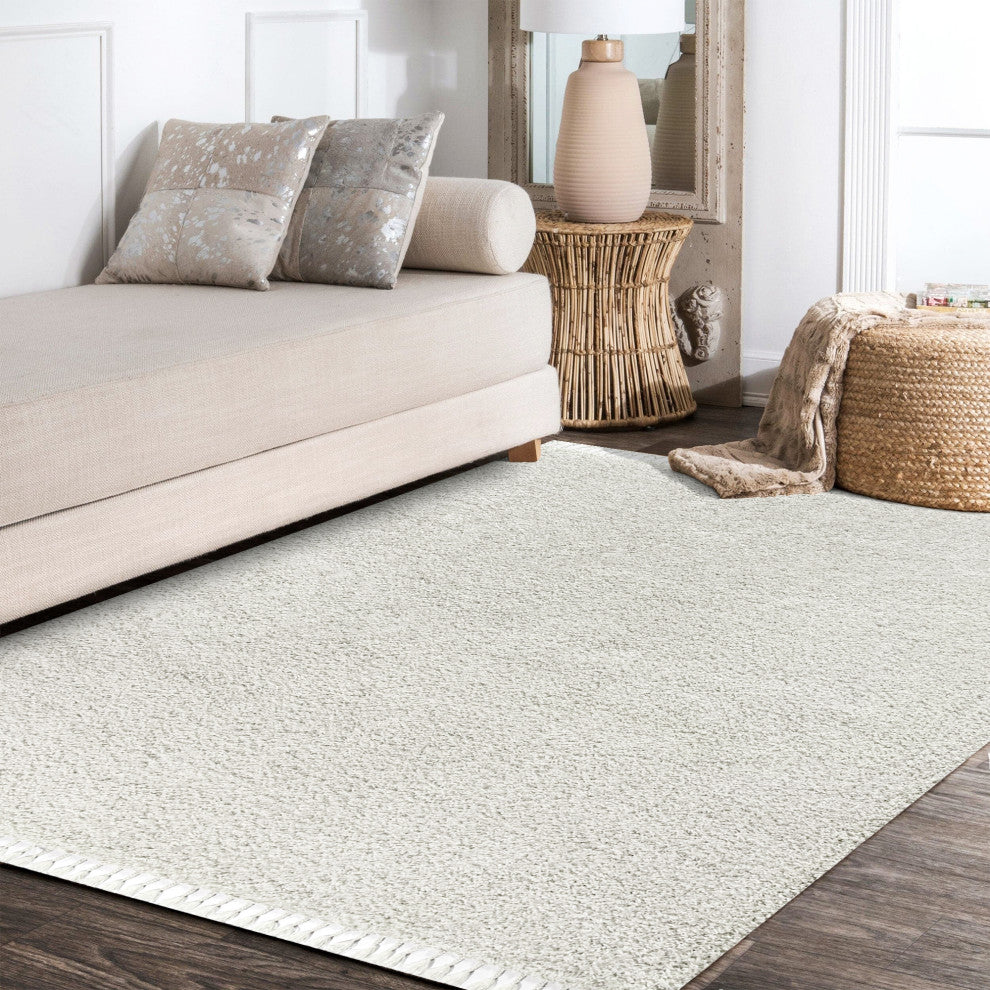 Mercer Shag Plush Tassel Area Rug, White, 5 X 8