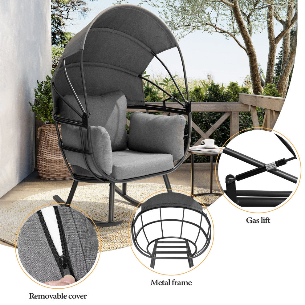 Egg Chair Outdoor Aluminum Rocking Lounge With Folding Canopy in Gray Finish, Gray