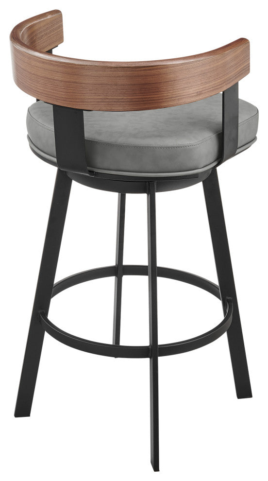 Idris Swivel Stool, Black/Walnut Finish & Gray Faux Leather, Counter, 26"