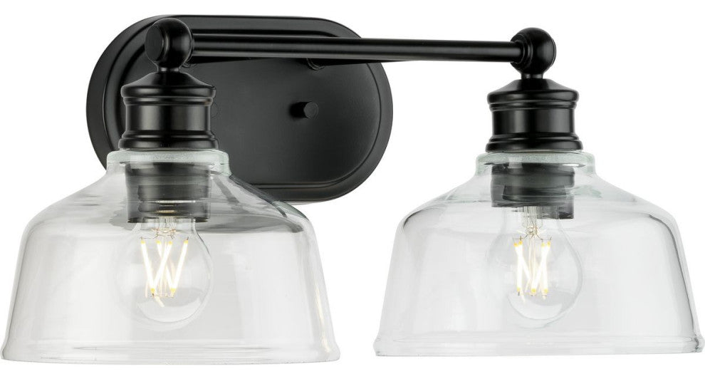 Singleton 2-Light 17" Matte Black Farmhouse Vanity Light With Clear Glass Shades