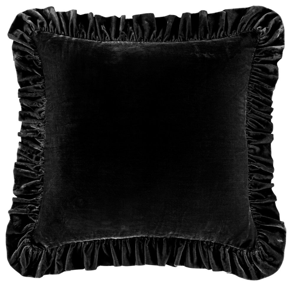 Stella Faux Silk Velvet Ruffled Euro Sham, 27" x 27", 1PC, Black