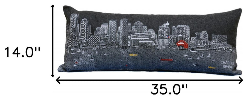 35" Black Boston Nighttime Skyline Lumbar Decorative Pillow