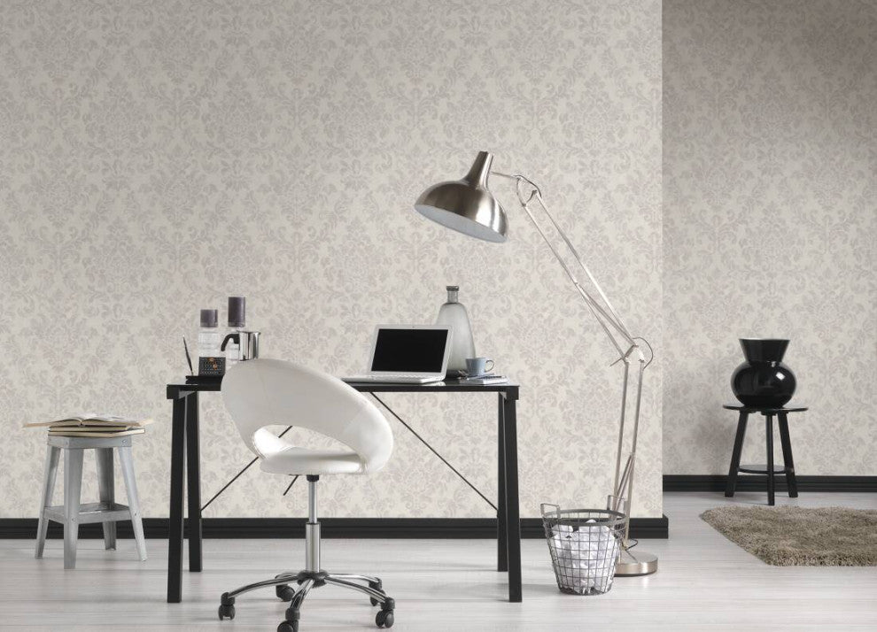 Damask Textured Wallpaper, Ornaments, 374133, White Gray Silver Pink, 1 Roll