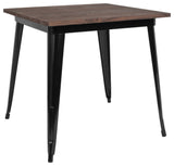 31.5" Square Black Metal Indoor Table with Walnut Rustic Wood Top