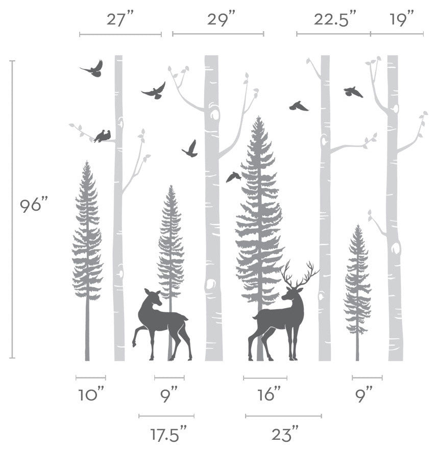 Birch Tree Wall Decal, Birds And Deer, Scheme B, 96" Tall Birch Trees