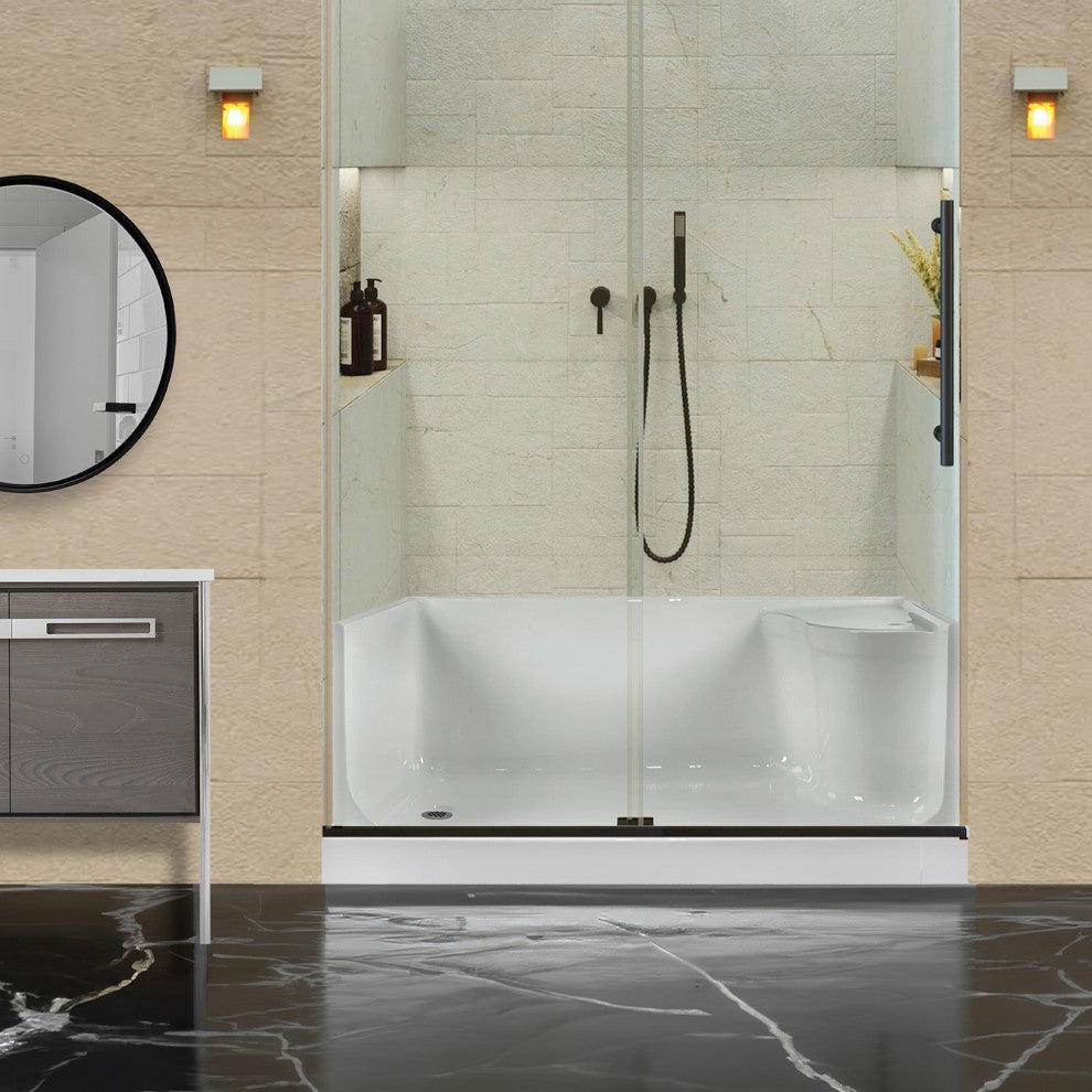 Single Threshold Acrylic Non-Slip Shower Base, Seat 60 x 32, Left Hand Drain