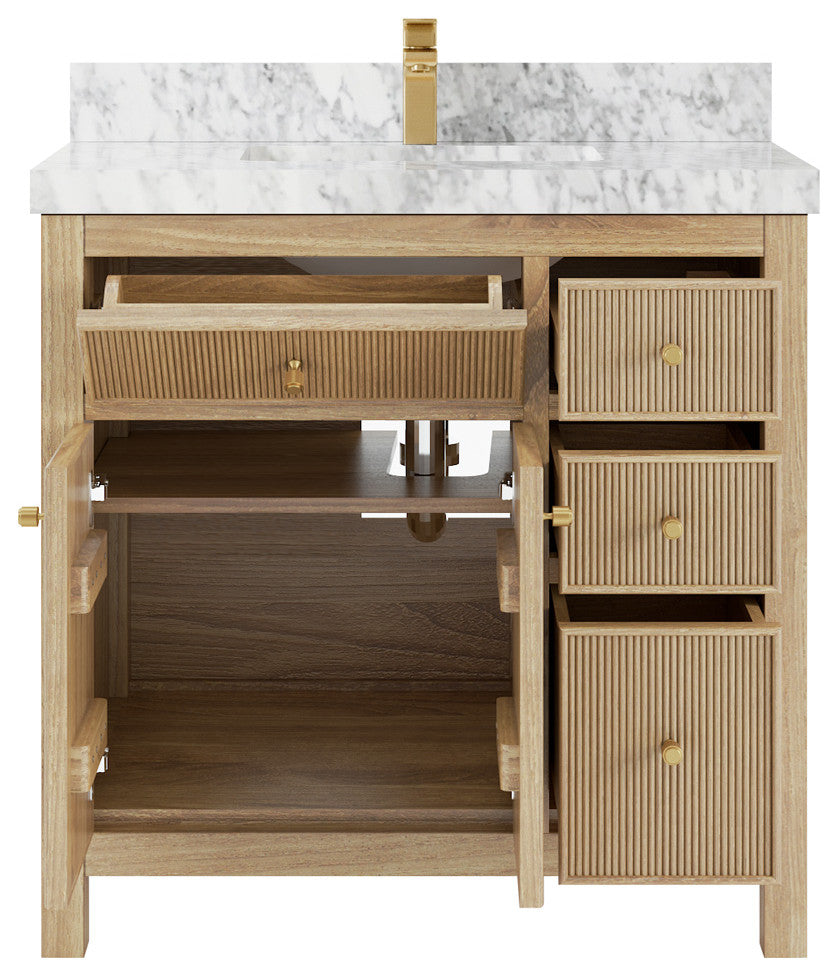 Sonoma 36 Center Sink Bath Vanity in Light Natural Teak with 2" Carrara Marble