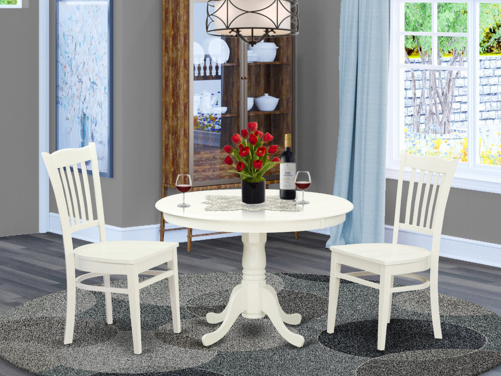 3 Pc Set With A Round Table And 2 Wood Dinette Chairs, Linen White