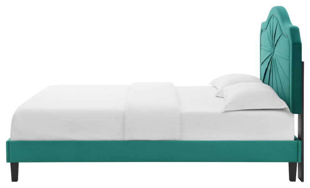 Platform Bed Frame, King Size, Velvet, Teal Blue, Modern Contemporary, Bedroom