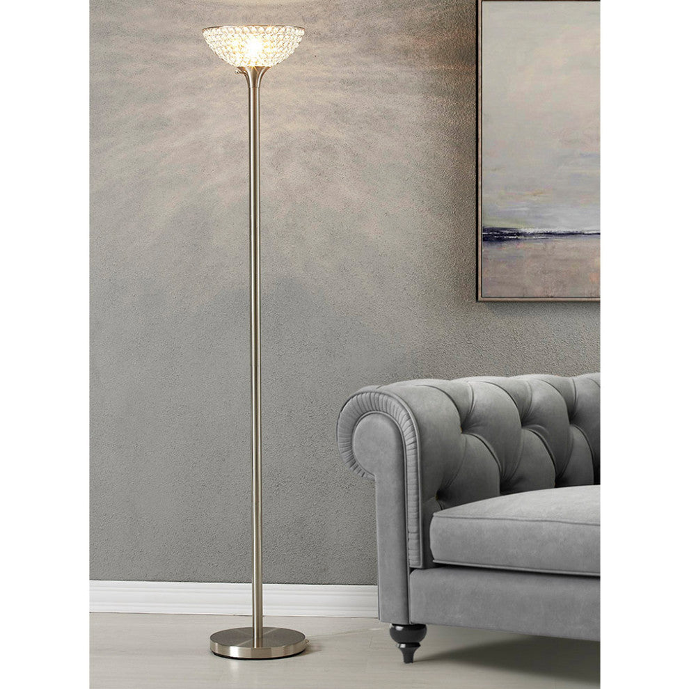HOMEGLAM Lucie 71-inch Crystal Shade Torchiere Floor Lamp, Brushed Nickel