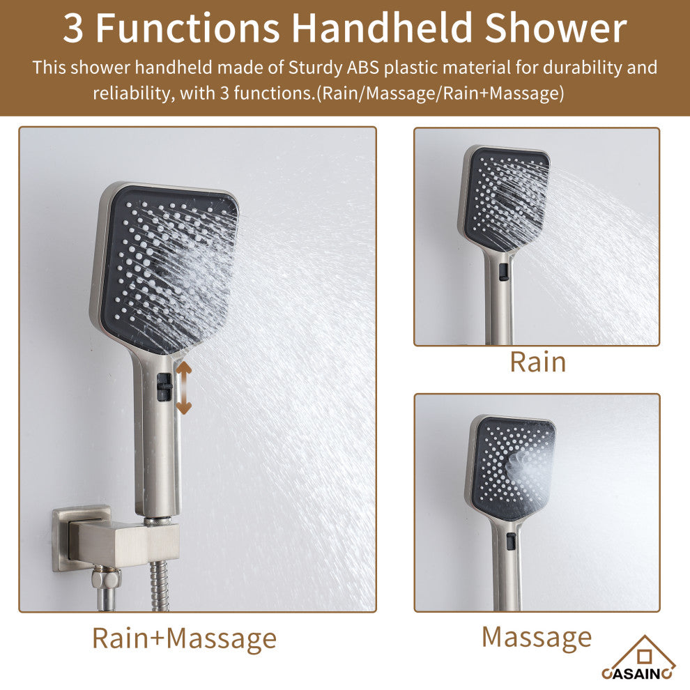 3 Functions 12 Inch Wall Mount Thermostatic Shower System, Brushed Nickel