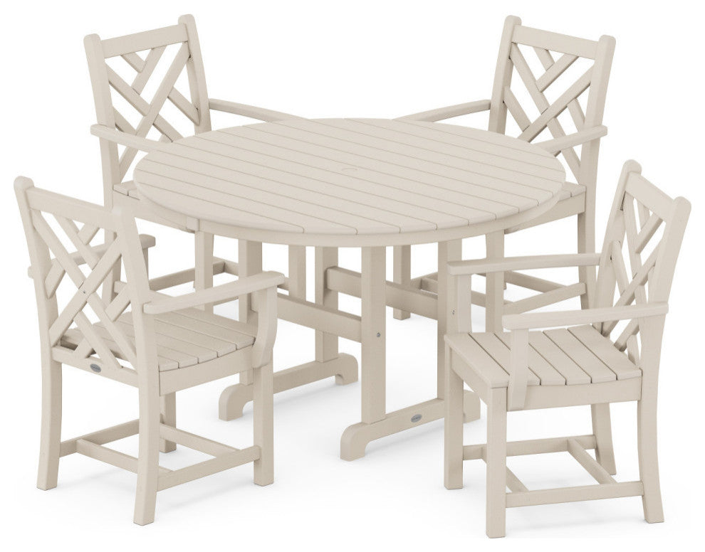Polywood Chippendale 5-Piece Round Farmhouse Arm Chair Dining Set, Sand