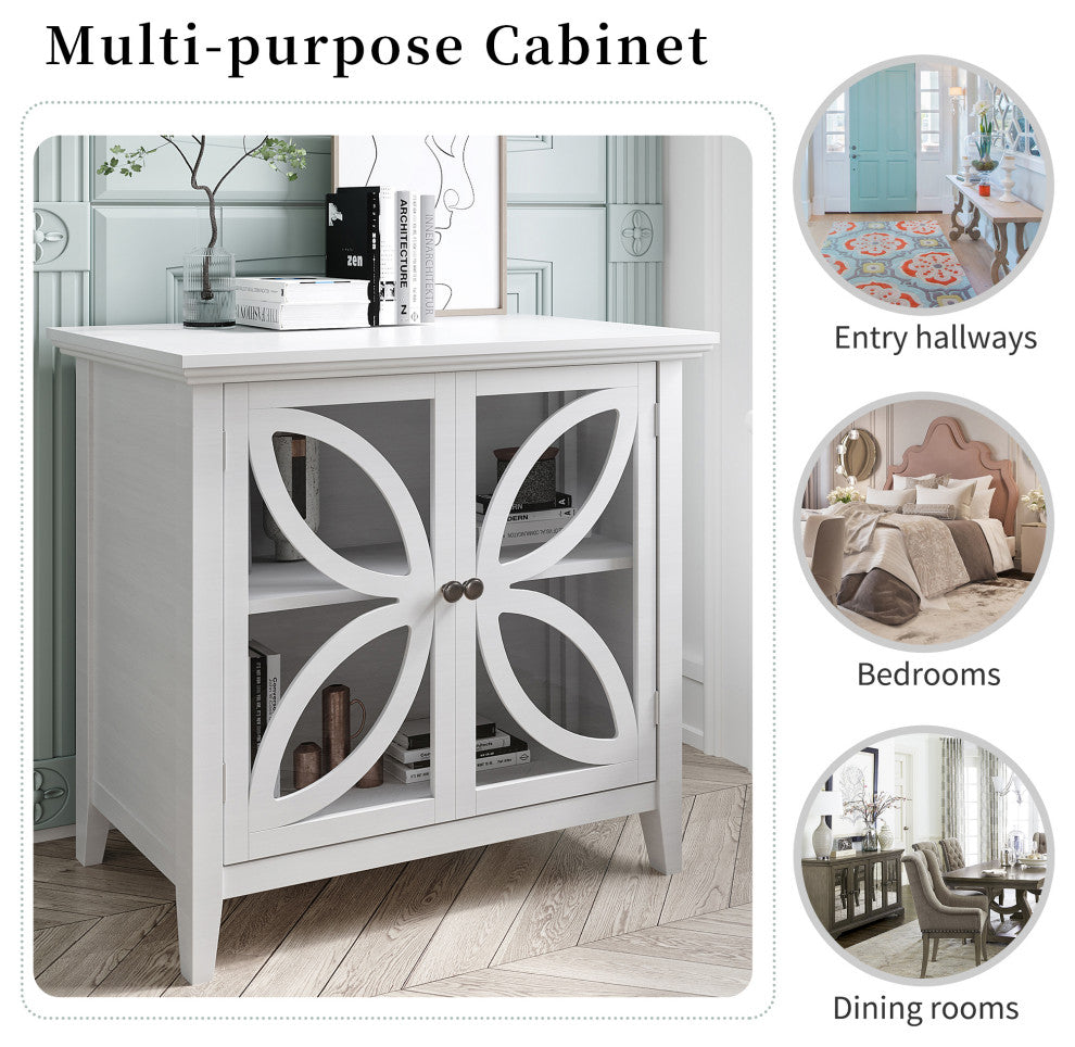 Wood Double Transparent Door Accent Cabinet with Adjustable Shelf, White, 32" X