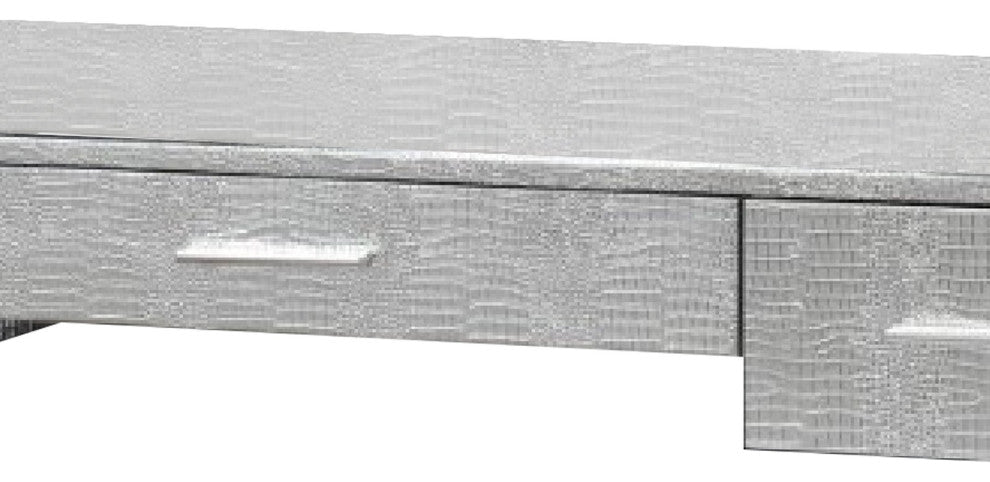 Benzara BM274659 Textured Vanity Desk With Round Mirror, Metal Sled Base, Chrome
