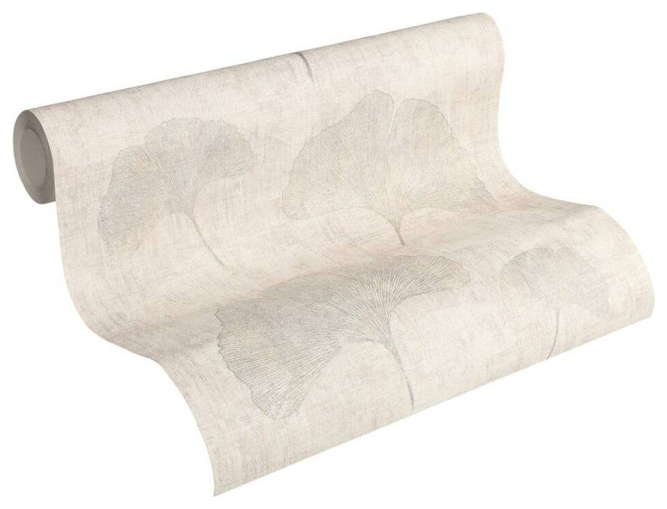 Floral Textured Wallpaper Gingko Leaves, Gray Silver, Sample