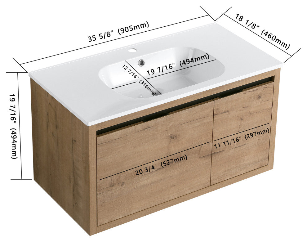 36" Wall Mounted Plywood Bath Vanity Set, Gel Basin and Door