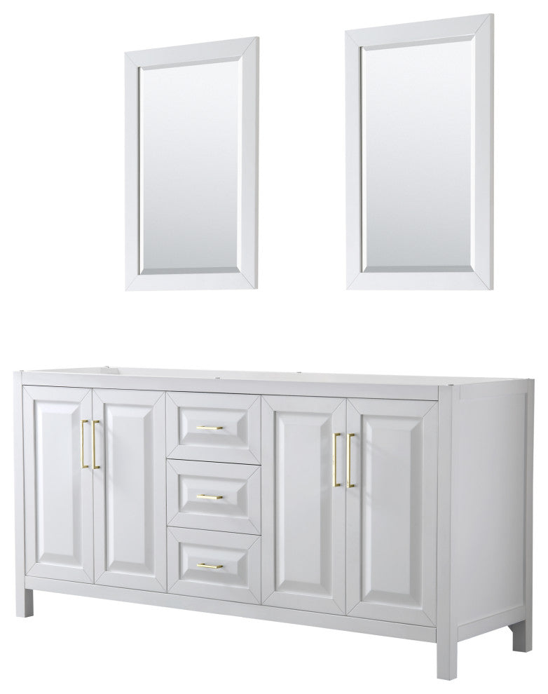 72" Double Bathroom Vanity, White, No Countertop, 24" Mirrors, Gold Trim