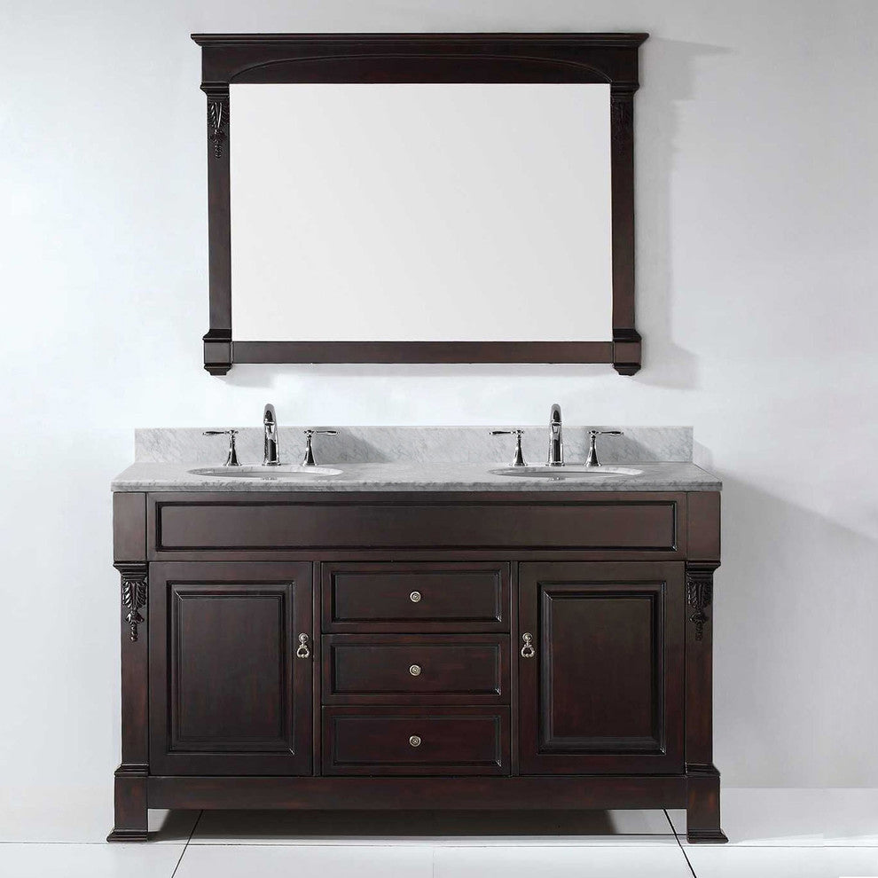 Virtu Huntshire 60" Double Bathroom Vanity, Dark Walnut With Faucet and Mirror