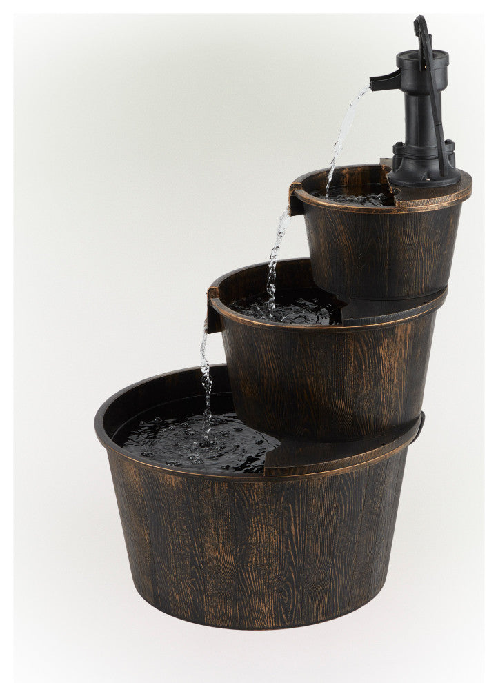 40" Tall Outdoor 3-Tier Barrel Pump Waterfall Fountain, Brown