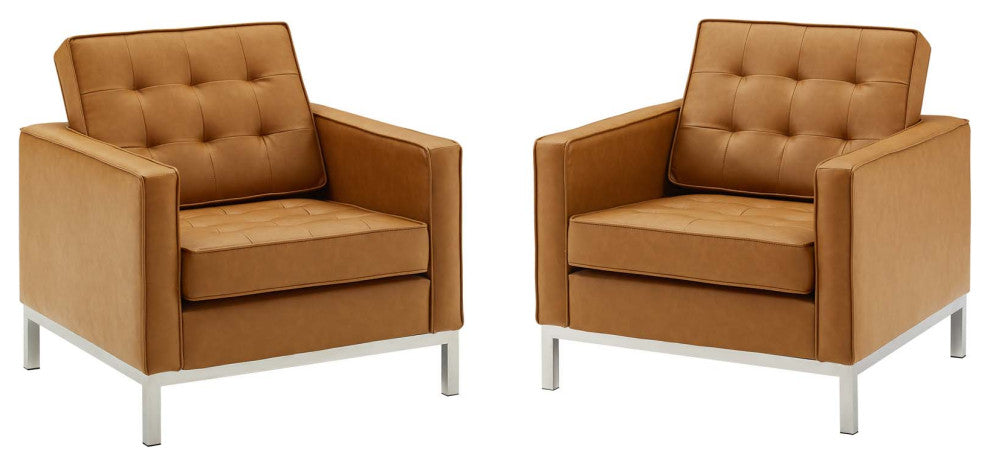 Tufted Armchair Accent Chair, Set of 2, Faux Leather, Silver Tan, Modern, Lounge
